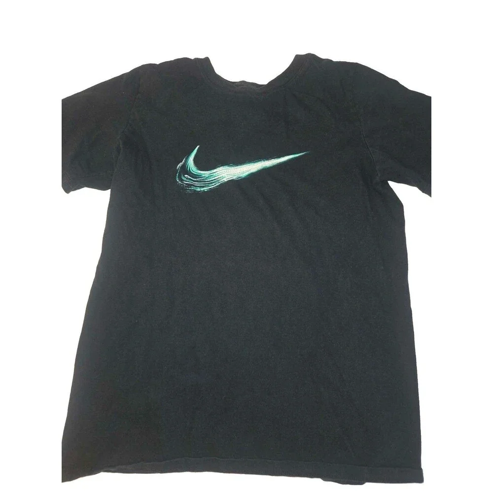 Nike Size L Kids Black Ocean Swoosh Logo Crew Neck Activewear T-shirt